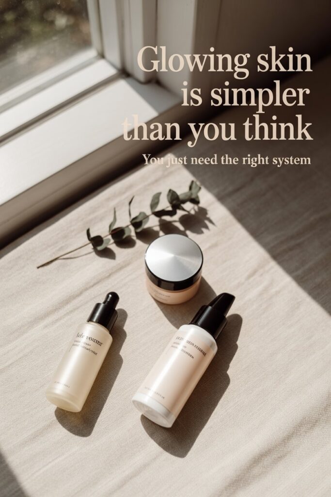 radiant-beauty-mothers-day-gifts-2026 Minimal flat lay of three elegant skincare products on a cream linen surface with soft natural light and dried flowers, representing a simple glowing skin routine
