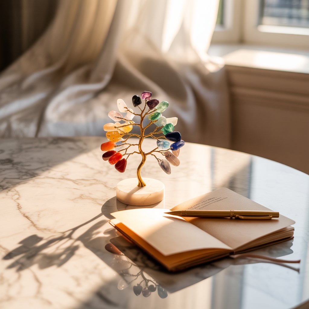 Chakra tree of life — morning altar flatlay