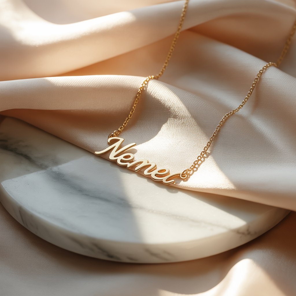 Intention necklace — gold engraved word flatlay