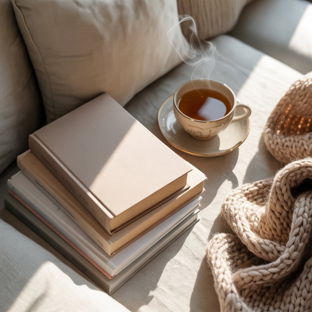 Her identity reset library — books flatlay
