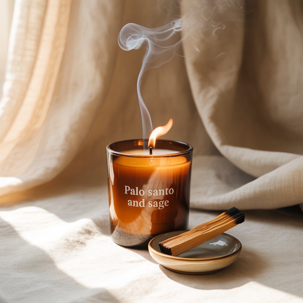 Palo santo and sage candle — ritual clearing flatlay