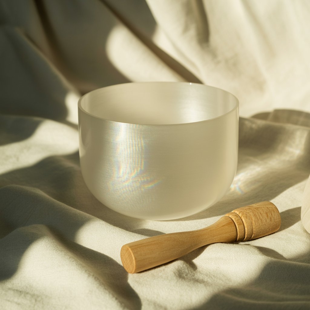Singing crystal bowl — sound healing flatlay