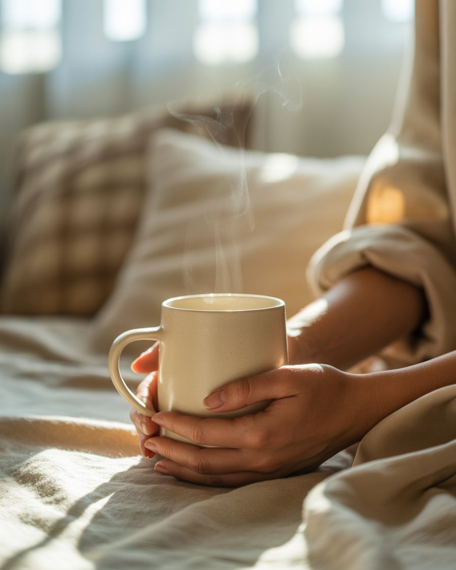 Woman holding a ceramic mug in a calm morning interior