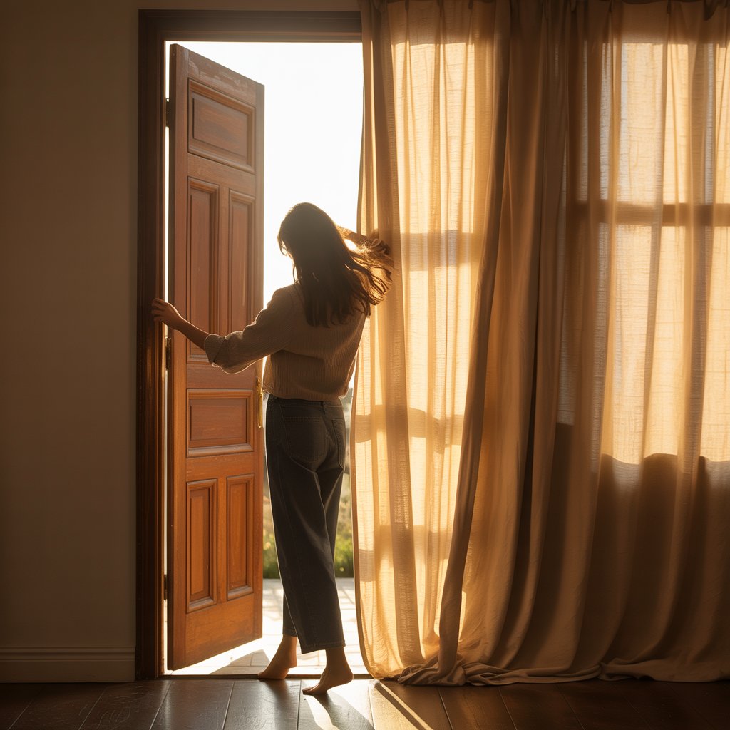A woman stepping into a warm, calm room — a sense of arrival and relief