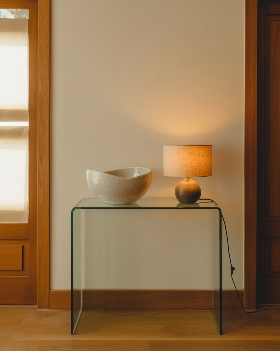 A calm, clear entryway with warm lamp and ceramic bowl