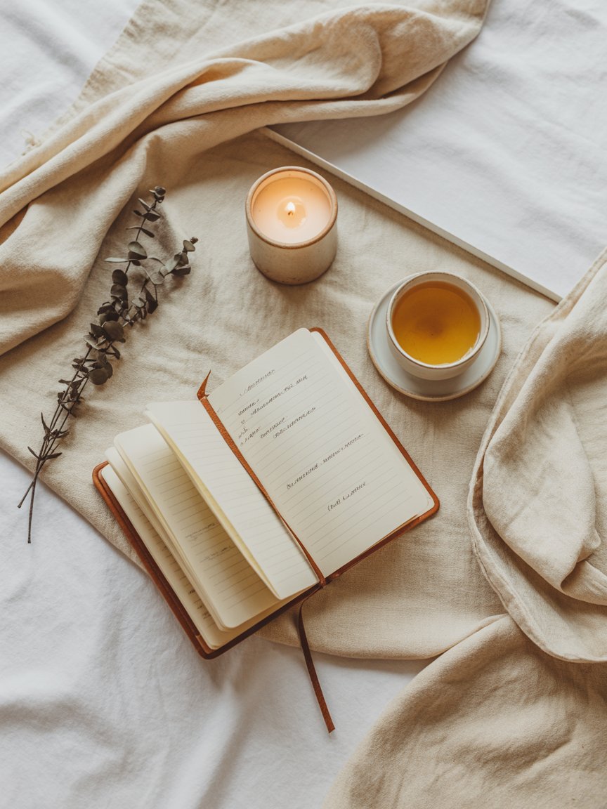 A styled flat lay — journal, candle, ceramic cup and dried flowers
