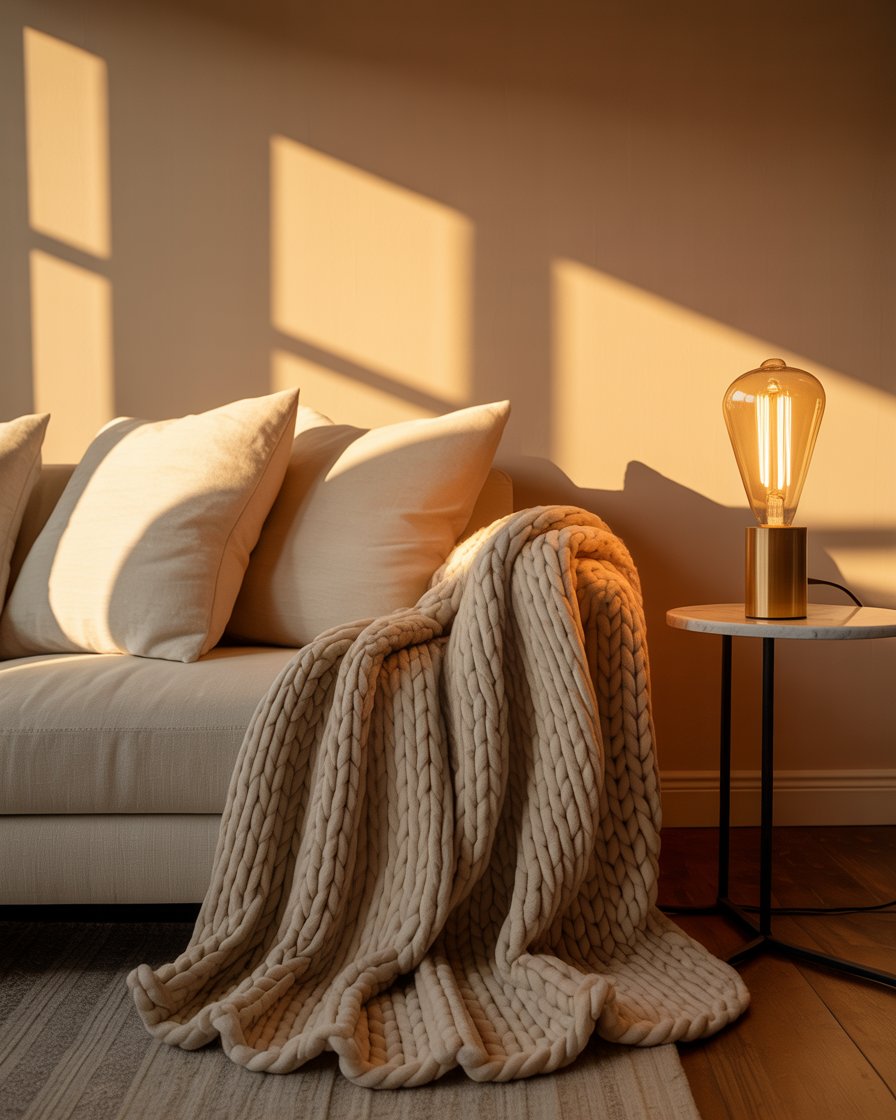 A golden-hour living room corner with linen cushions and warm lighting