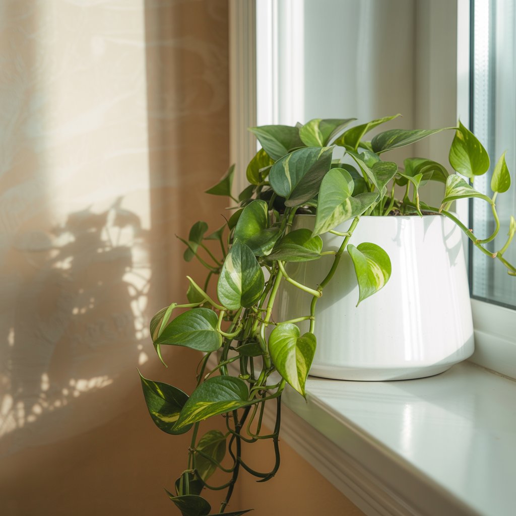 A pothos plant on a sun-filled windowsill in a ceramic pot