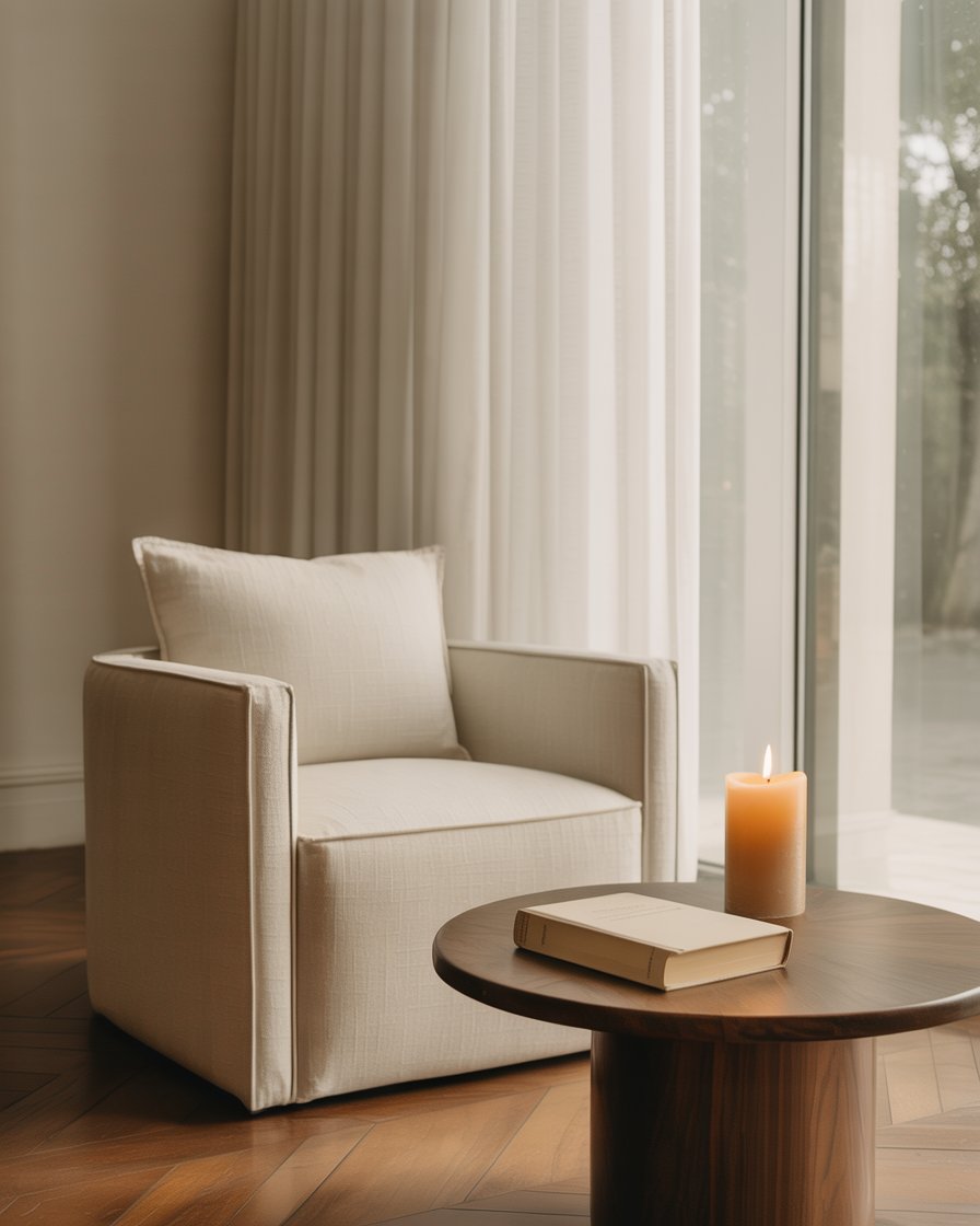A single accent chair by a bright window with a candle and closed book