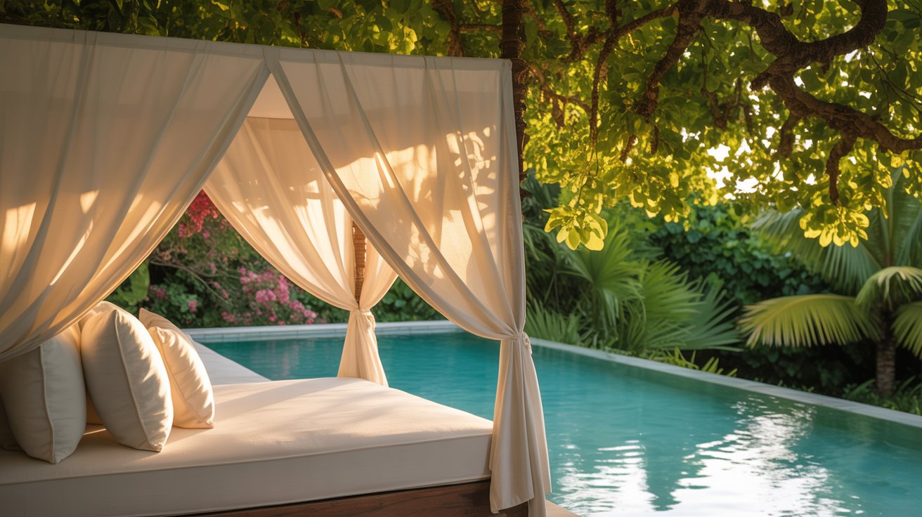 A lush outdoor wellness retreat with a white linen daybed under dappled afternoon light