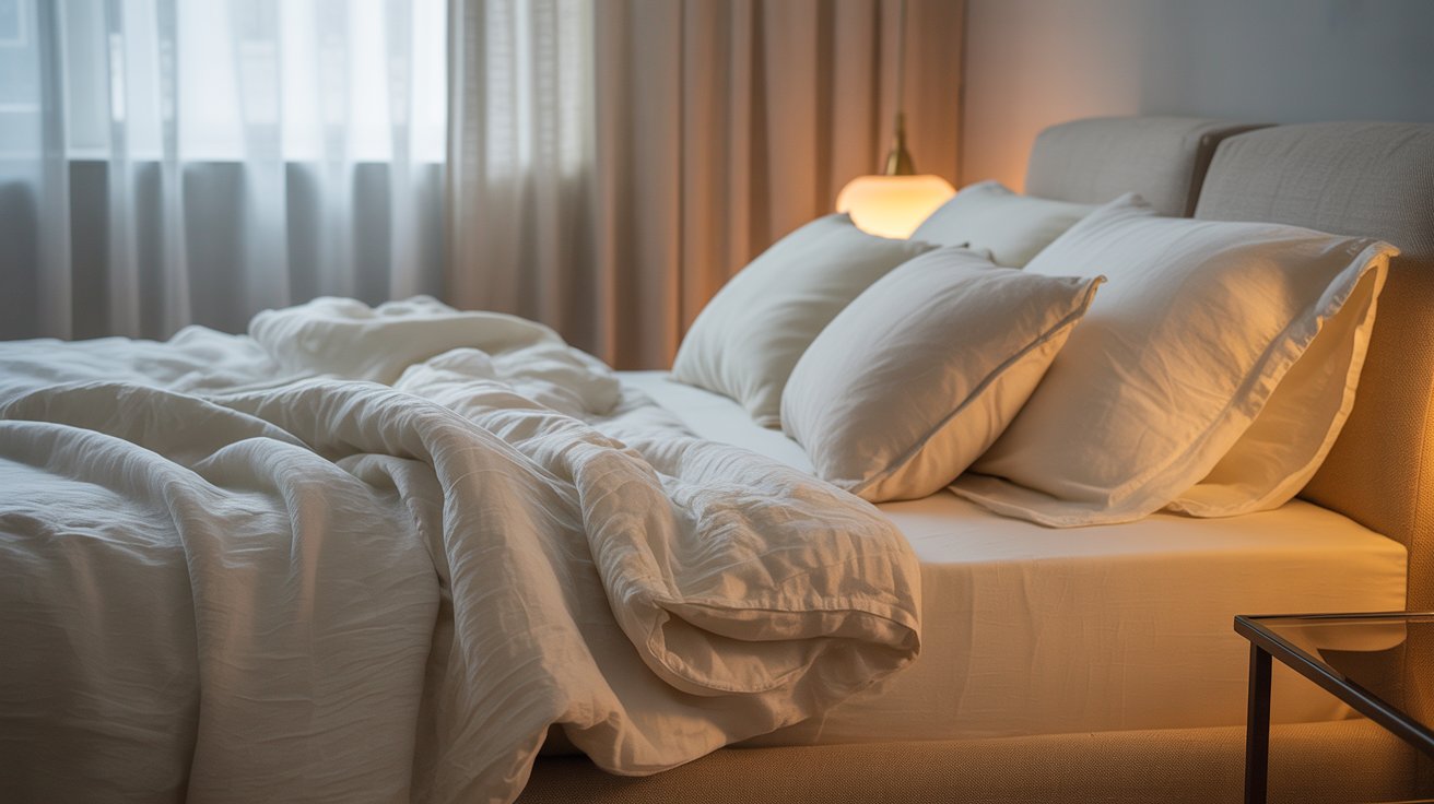 A bed dressed in soft washed linen with morning light through sheer curtains