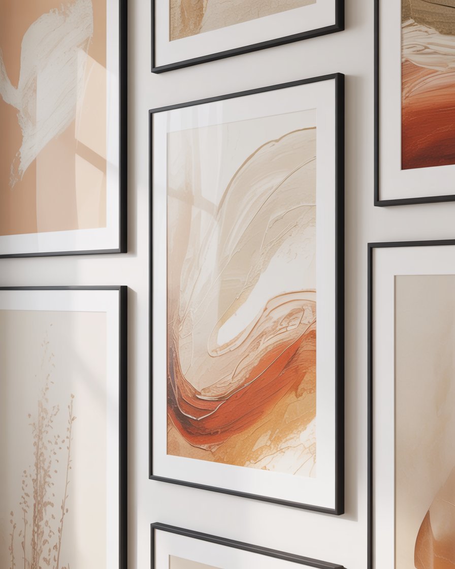 A gallery wall with neutral abstract art prints in minimalist frames