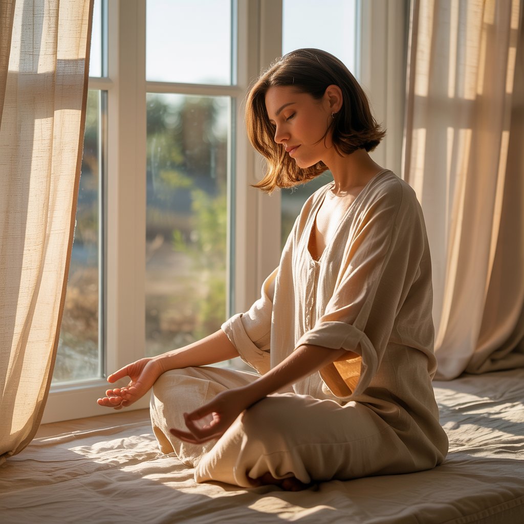 A woman sitting peacefully in soft morning light