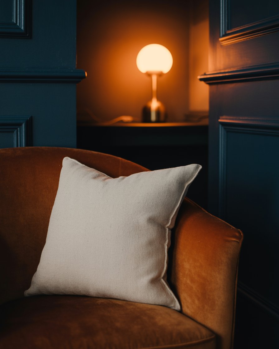 Soft linen pillows on a calm sofa — the feeling of home as sanctuary